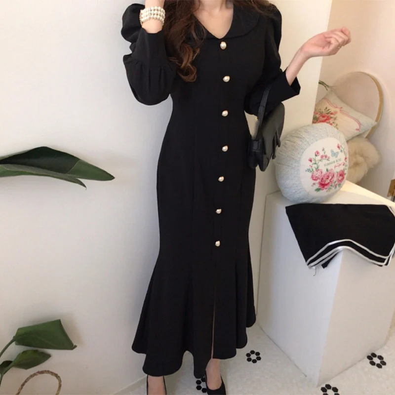

Korean Mermaid Party Dresses Women Elegant Vintage Sashes Long Sleeve Solid Slim Dress Female 2021 Autumn Spring Ladies Vestidos