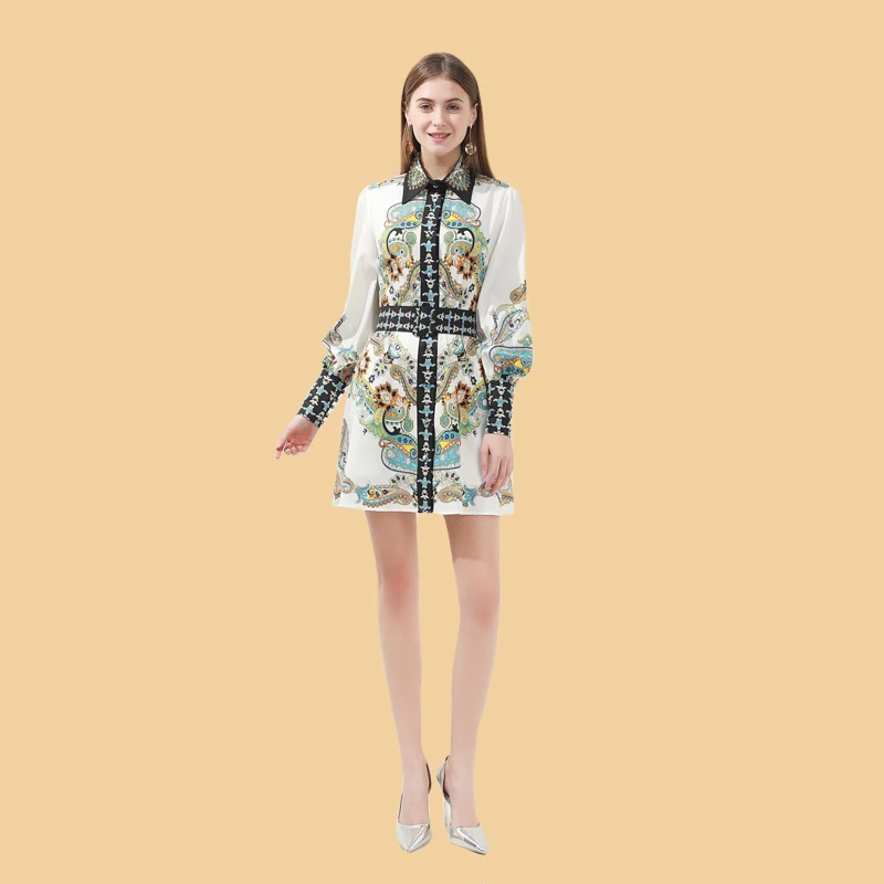 

Designer 2020 Spring Summer Fashion Women Dress lapel Long sleeve print Mini Belt Beaded diamonds Elegant Party Vintage Dress
