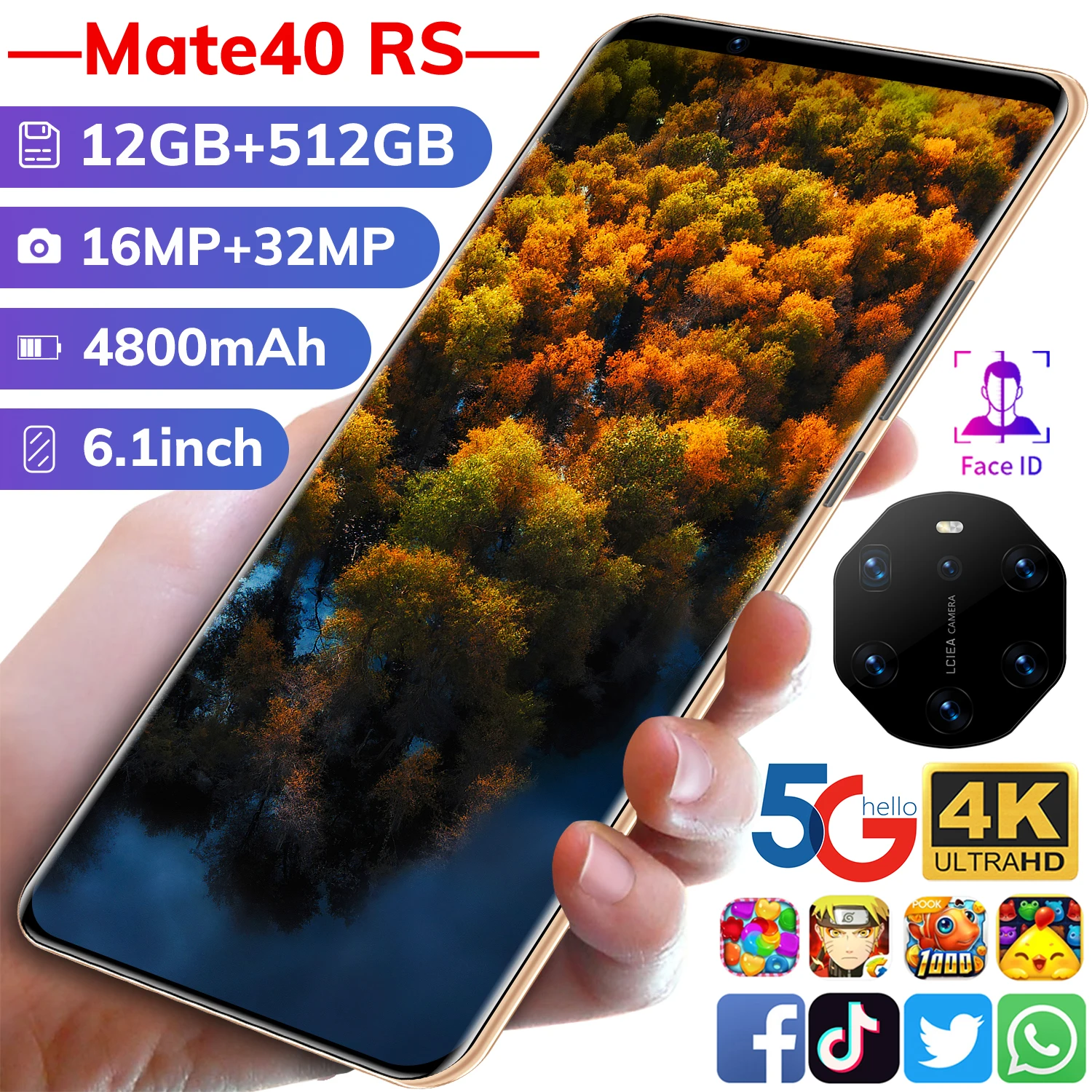 

Mate40 RS Version Smartphone 6.1 Inch 4K Screen 4800mAh battery MTK6797 Deca Core Phone Fast Charge 12+512GB ROM games Phone