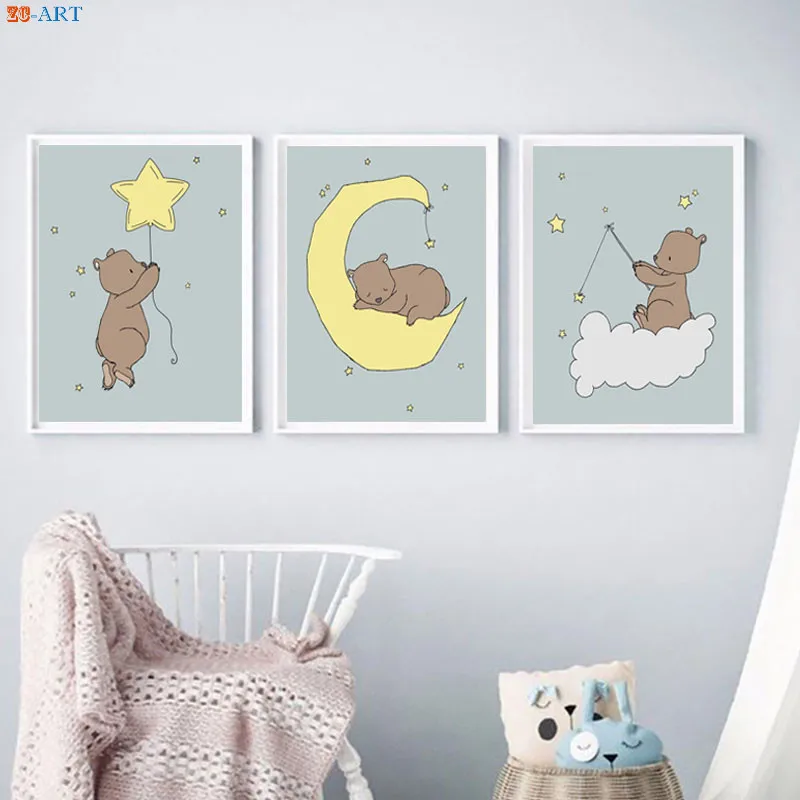 Медведь Луна и дизайн со звездами холст печати плакатов дети стены искусства для
