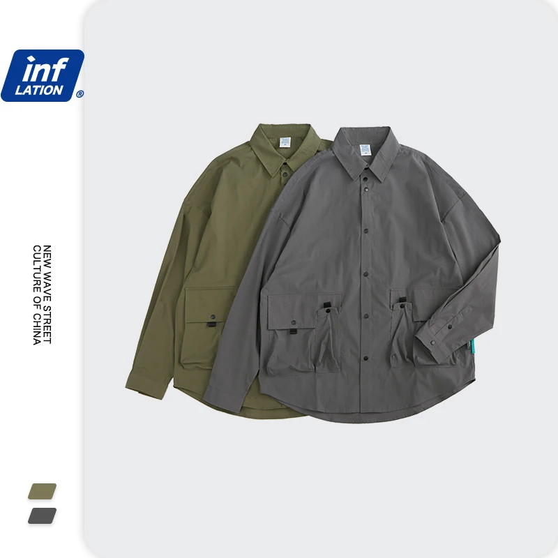

INFLATION Men Streetwear Harajuku Cargo Shirt 2020 New Oversized Hip Hop Shirt Men Long Sleeve Shirt Couple Vintage Shirt 2111W