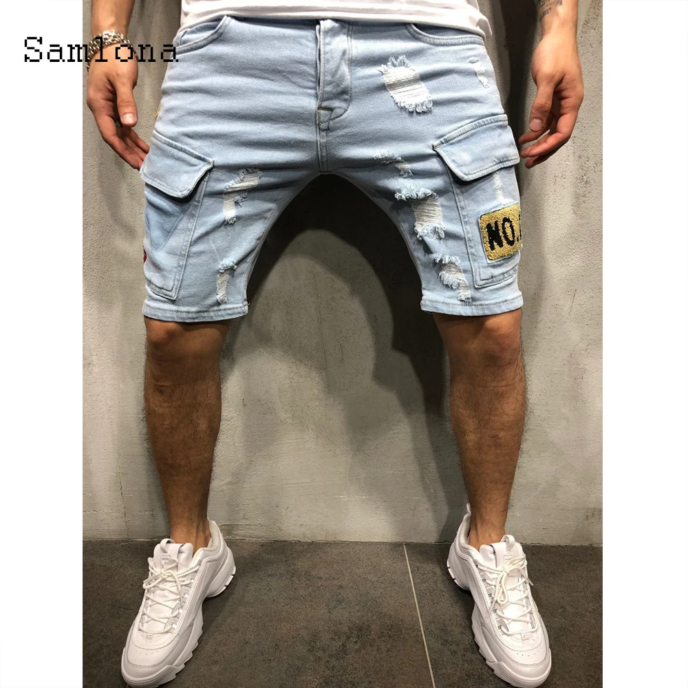 Samlona Men's Denim Shorts Sexy Leisure Jeans Pacthwork Hole Ripped Buttom 2023 Summer New Casual Demin Short Pants Male Clothes