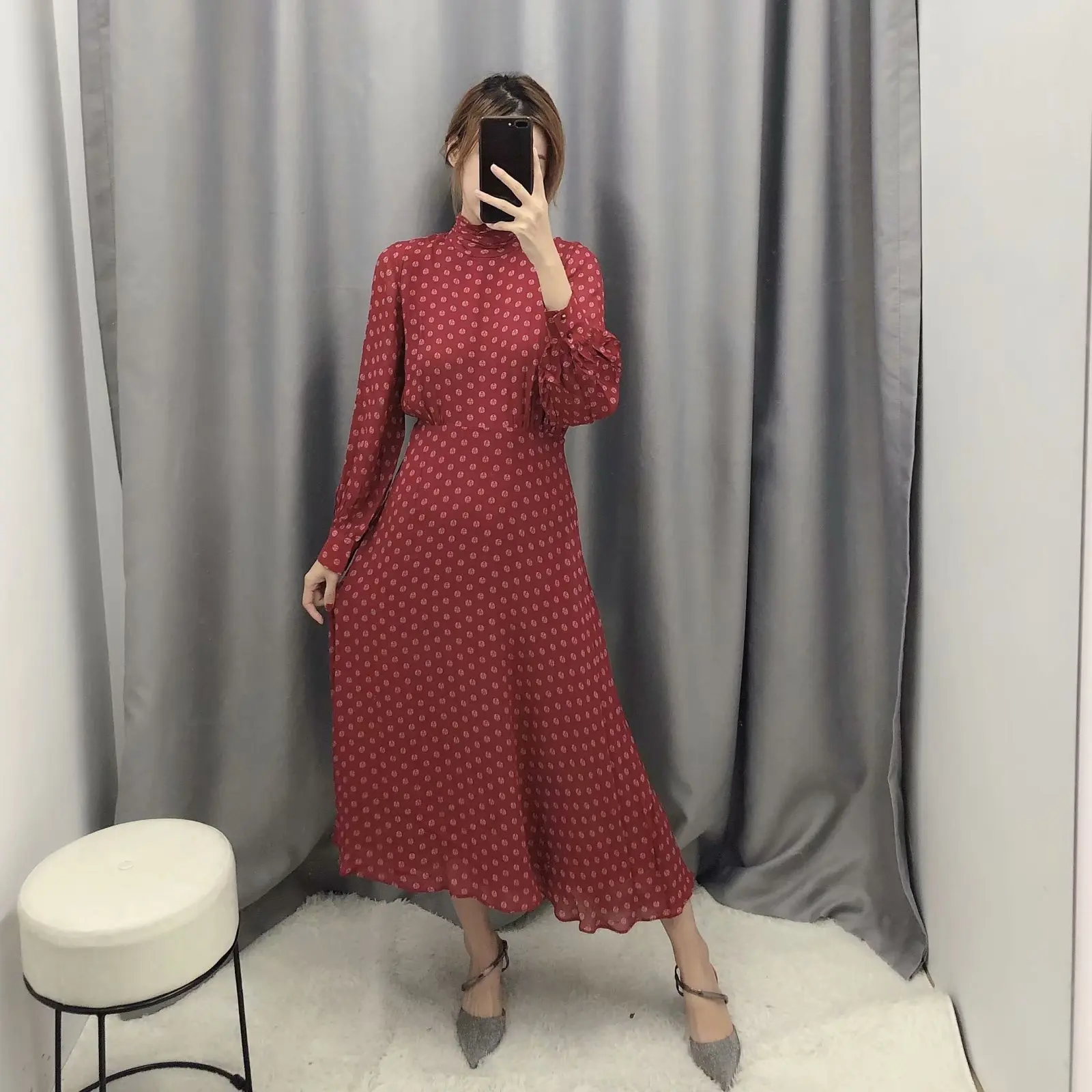 

za 2021 a-line high waist women dress print turtleneck dress autumnoffice lady