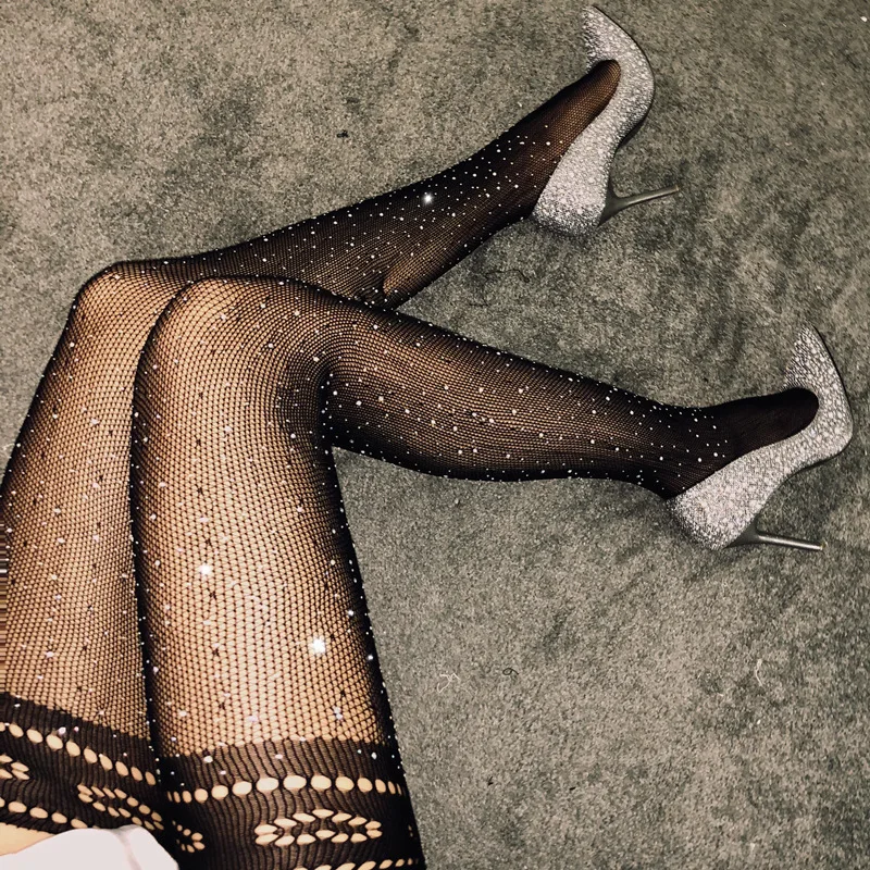 Sexy Fishnet Tights Women Glitter Rhinestone Hollow Out Pantyhose Lingerie Drilling Mesh Shiny Female Slim Thin Hosiery | Женская одежда