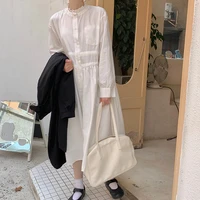 cute young girl dresses white lapel cotton stand collar loose long sleeve high waist spring 2021 new solid shirts dress 92f