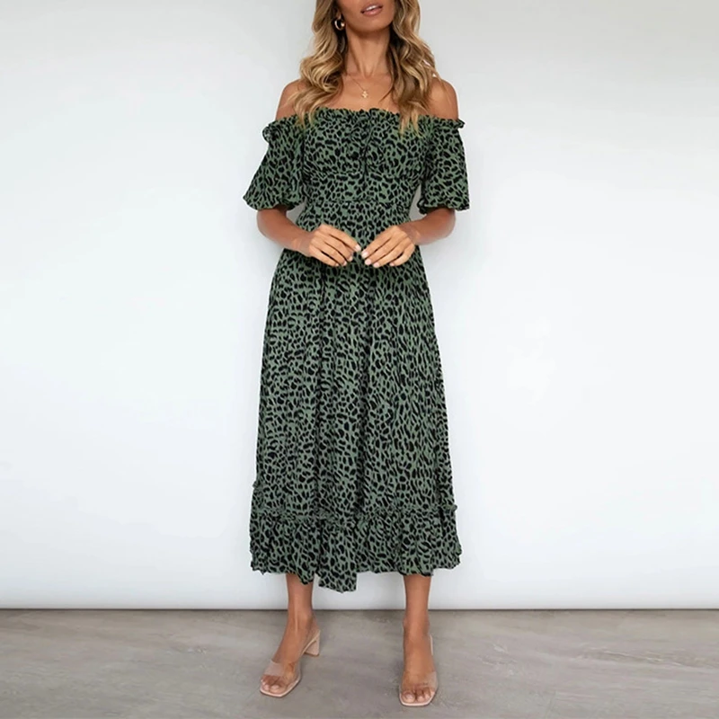 

Uclio Women's Summer New Skirt Short Sleeve Strapless Leopard Print Dress Green