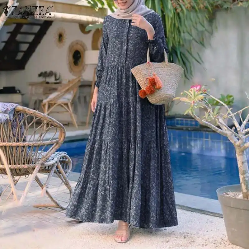 Винтажный халат 2022 осеннее платье ZANZEA в стиле ретро с цветочным принтом, женское длинное платье, повседневные свободные платья с оборками