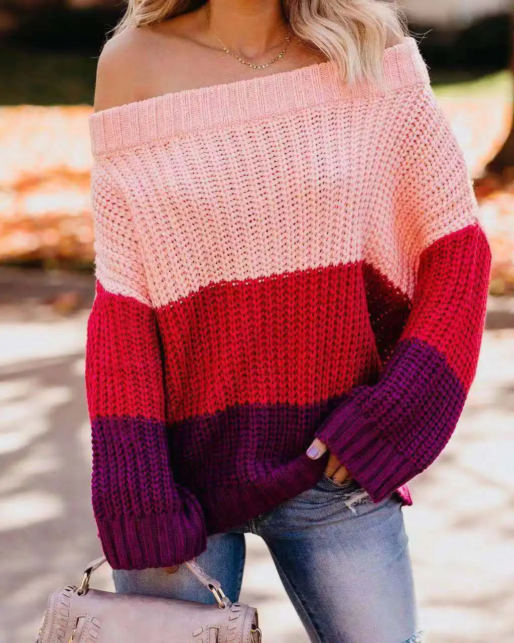 

Stitching Women's Sweater Pullover Sweater Women's Color Loose Striped Round Neck Raglan Sleeve Casual Style Streetwear Spring