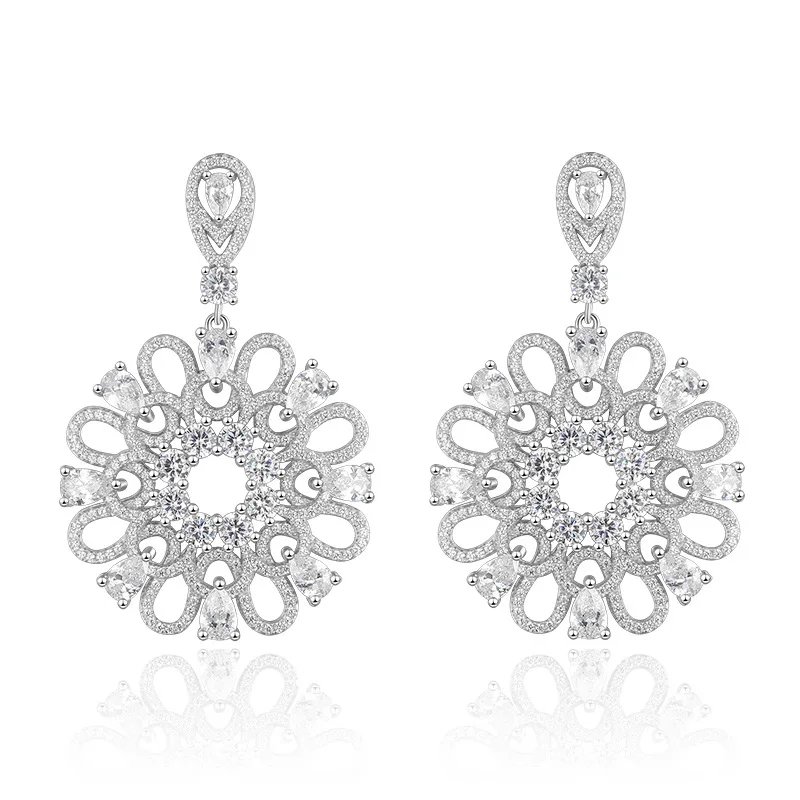 

S925 Fine Silver Hollow out Circle Earrings Exaggeration Geometry High-End Micro Pave Silver Earrings