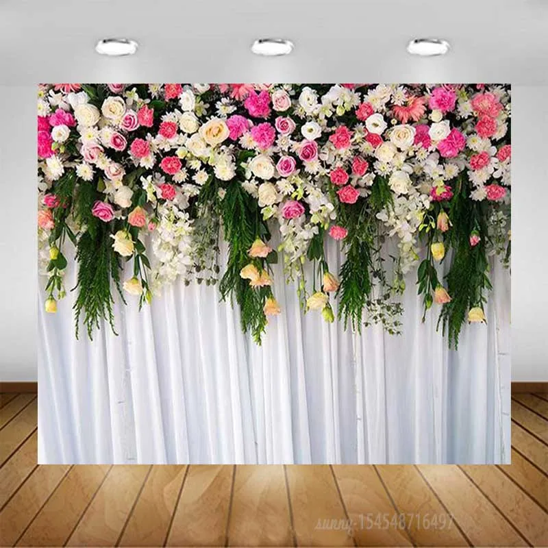 

Wedding Flower Backdrops Photography Pink Rose Photo Wall Stage Tassel Portrait Photo Background Photocall Photo Studio