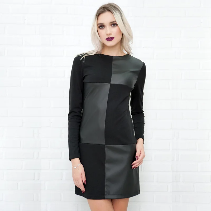 

Black Long Sleeve PU Patchwork Bodycon Mini Dress Streetwear Casual Vestido Elegant Autumn Winter 2021 New Club