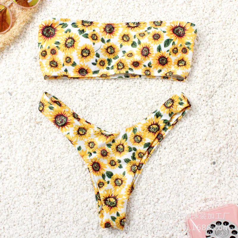 

New Arrival 2020 New Swimsuit Print Multicolor Sexy Tube Top Split Swimsuit Women Bikini Set Leopard Sunflower Women 2 Pieces