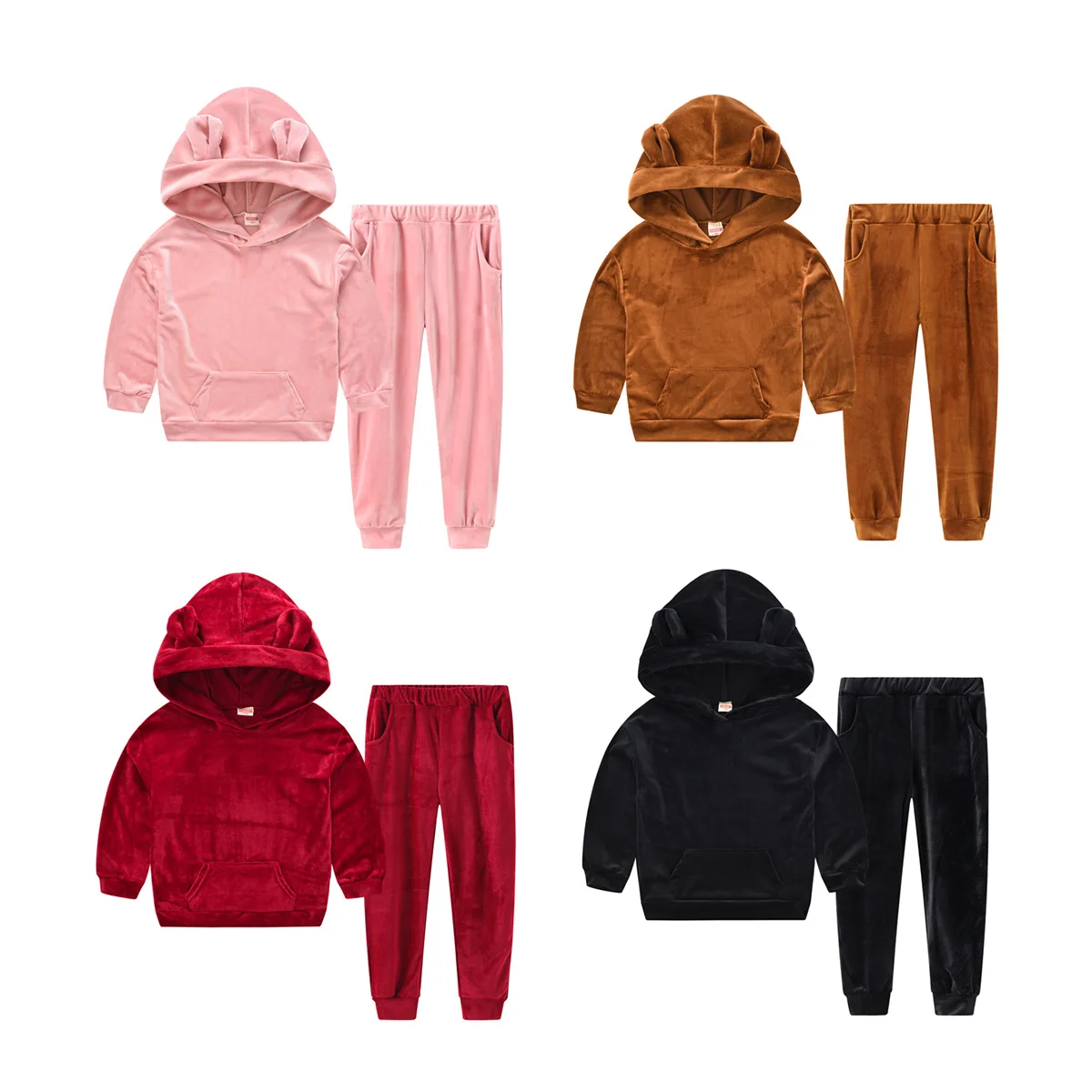 

Весенне-Осенние костюмы для мальчиков и девочек, спортивный и повседневный Золотой бархатный свитер с капюшоном с ушками медведя, детская о...