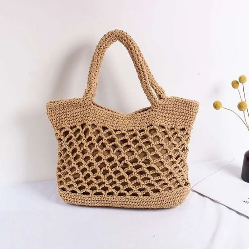 

Women's Summer Hollow Out Solid Color Handbag Cotton Fabric Large Shoulder Bag Handmade Kintted Travel Bags