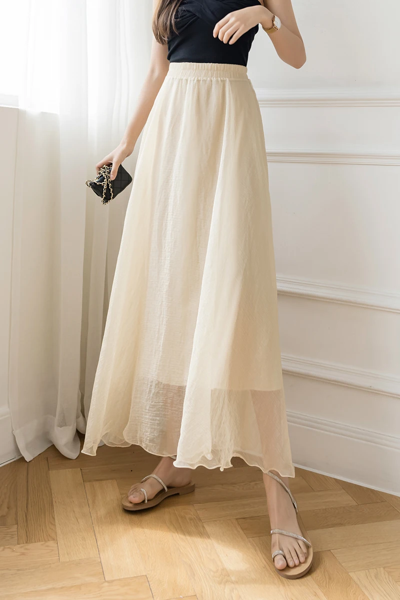 

Summer fairy wavy side mesh gauze high waist elegant, gentle and shiny luster large-length skirt, half-length gauze skirt 1046#