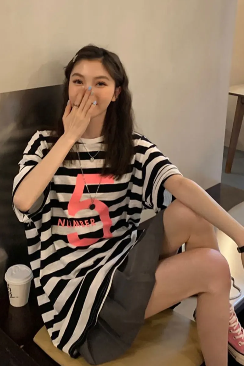 

Popular Striped T-shirt for Women 2021 Summer New Mid-Length Tshirt Loose Short Sleeves Top Printed All-match Korean Style Top