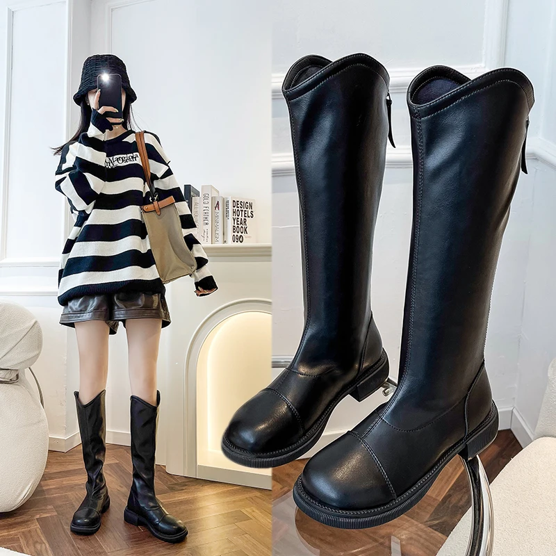 Женские высокие ботинки на молнии, черные повседневные теплые ботинки с круглым носком, Осень-зима 2021