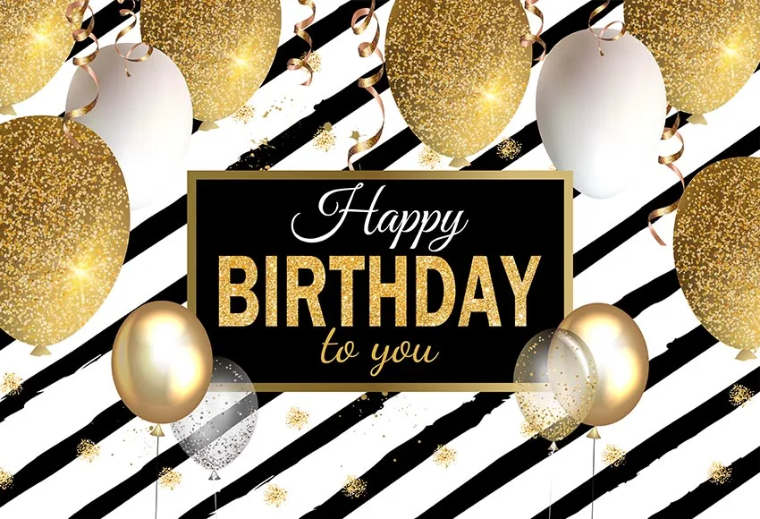 

7x5ft Happy Birthday Gold White Balloon Black Stripes Frame Custom Photo Studio Background Backdrop Vinyl 220cm x 150cm