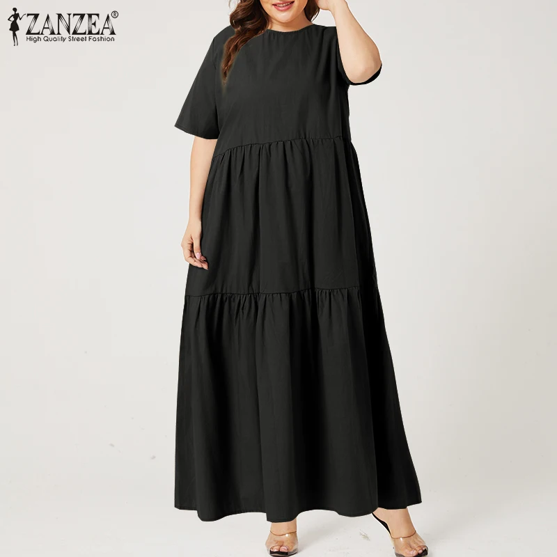 

Femme O Neck OL Robe 2022 Plus Size Women Casual Solid Sundress ZANZEA Vintage Short Sleeve Dress Summer Holiday Ruffle Vestidos