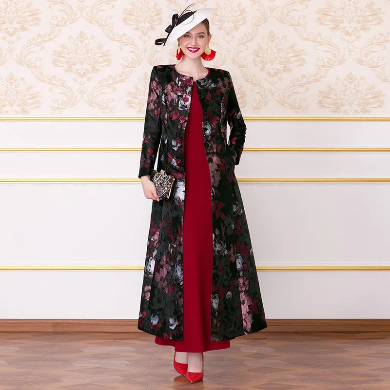 Женское длинное жаккардовое пальто на пуговицах приталенная верхняя одежда