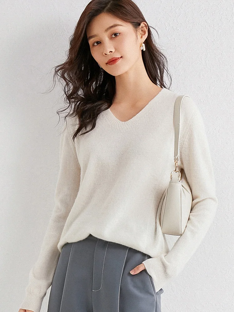 Свитер женский из 100% шерсти вязаный пуловер с V-образным вырезом и манжетами