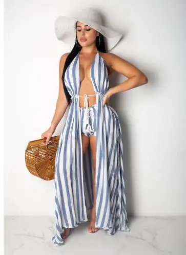 

Пикантные Для женщин пляжное платье с полосками туника для бикини (Bikini Cover Up), комплект из 2 предметов, Купальник Cover Ups Свободное высокое Spilit ...