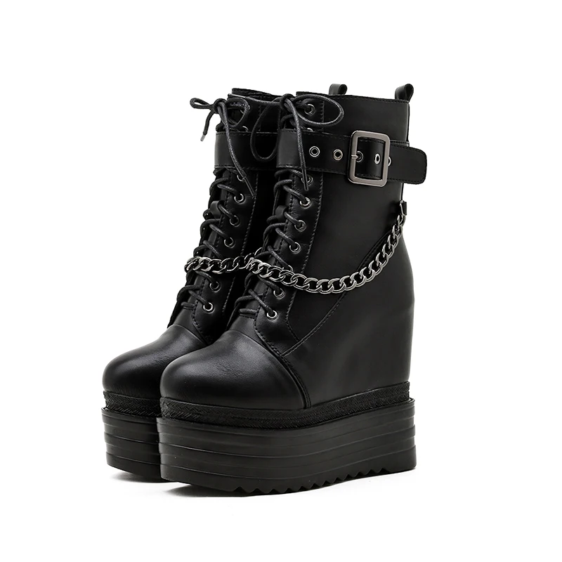 

Winter Short Plush Women's Boots Thick Soled Wedge Increased Chain Martin Boots Belt Buckle Pure Black Women Shoes Ankle Boots