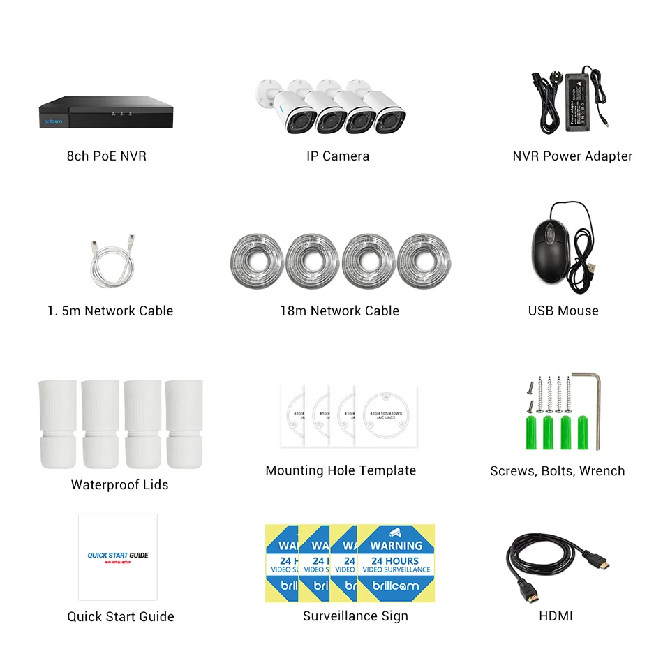 Комплект видеонаблюдения Brillcam 4K 8 Мп каналов POE Nvr 4 IP-камеры 2 ТБ HDD запись звука 24/7 -