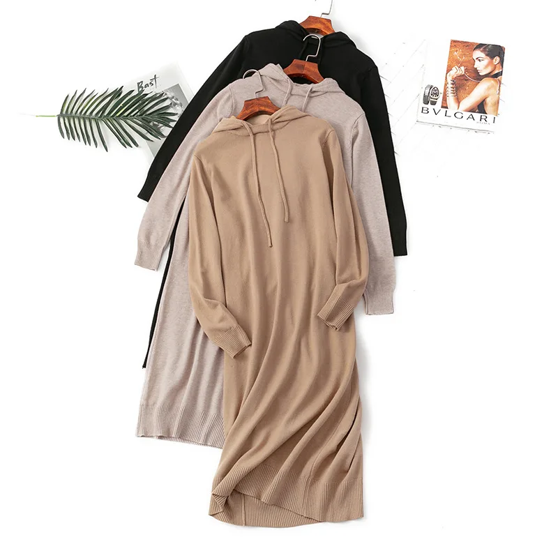 Женское повседневное прямое платье свитер с капюшоном Свободное длинное плотное