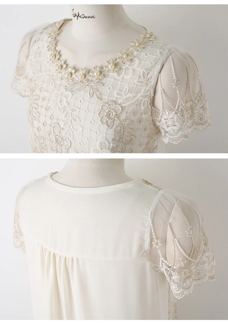 

Chiffon Summer 2021 New Korean Flowers Short sleeve Women tops Embroidery Lace blouses shirt Petal Round Neck blusas Mujer 511H