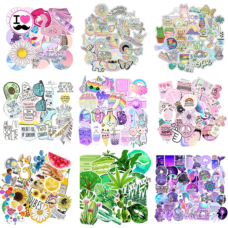 

50PCS Aesthetic Sticker Kawaii Waterproof VSCO INS Anime For Laptop Phone Skateboard Cartoon Stationery Neon Stickers Kids Toys