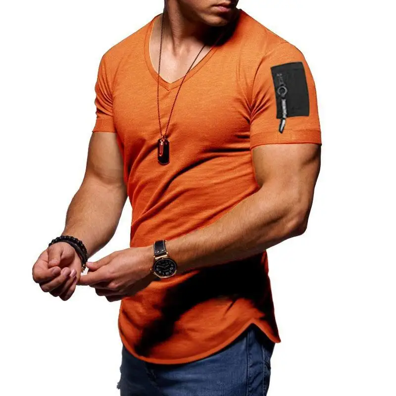 Summer men's t-shirt  men's V-neck stretch solid color short-sleeved youth bottoming sweatshirt