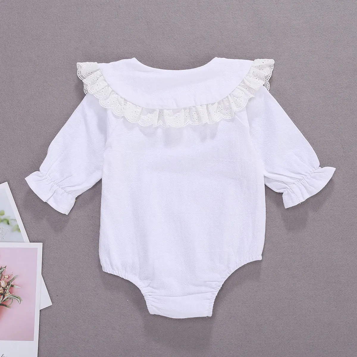 

0-18M Autumn Toddler Baby Girls Bodysuit Cotton Solid Color Jumpsuits Long Sleeve Lace Ruffle Peter Pan Collar Playsuit Top