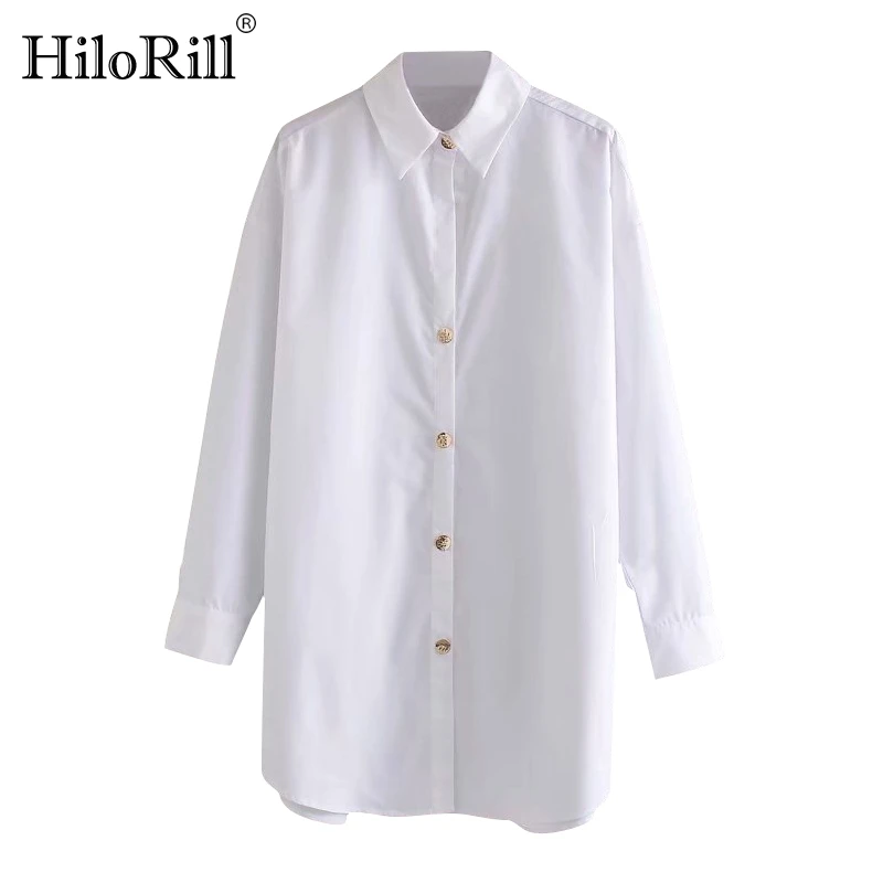 

HiloRill Women Casual White Cotton Blouse Shirt 2021 Loose Long Sleeve Solid Blouses Office Turn Down Collar Shirt Top Blusas