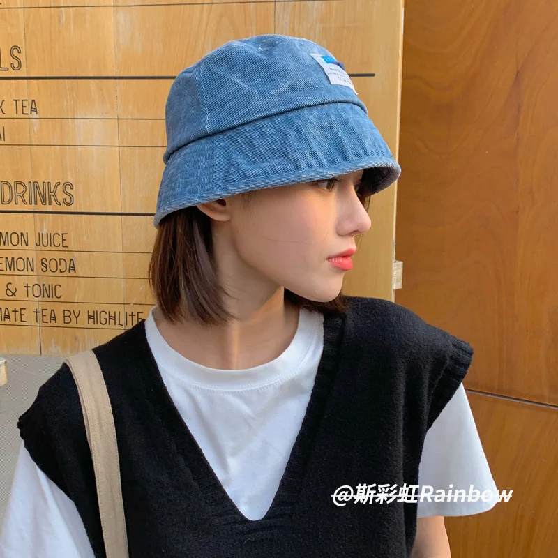 

2021 Korean cowboy fisherman's hat basin hat women's new spring autumn washing cowboy pure color label hat can be turned around