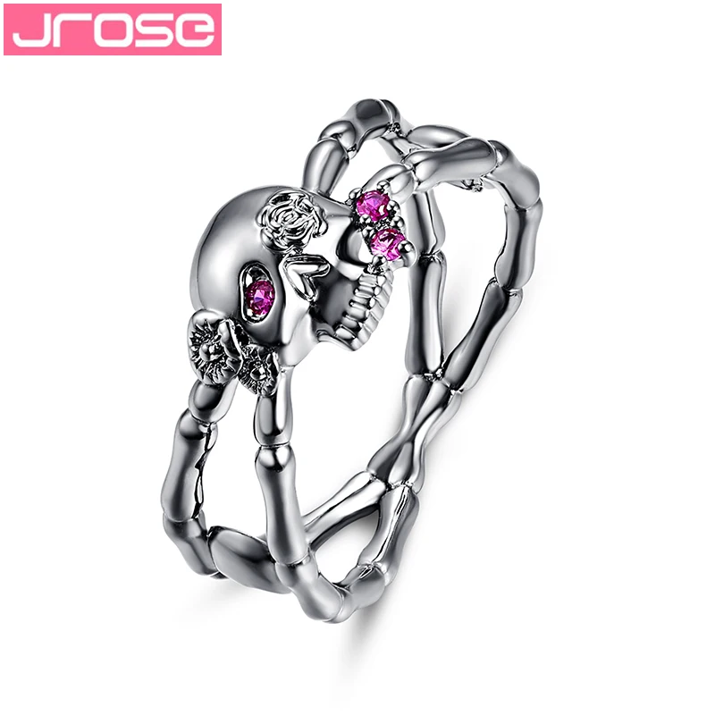 JROSE New Popular Gun Black Cross Skull Rose Flower Silver Rings for Women Gothic Engagement Wedding Party Ring Punk Jewelry