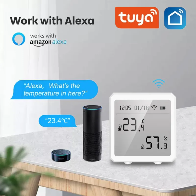 

Tuya Wifi Smart Home Temperature And Humidity Sensor With LED Screen Works With Google Assistant and Alexa Low Power Consume