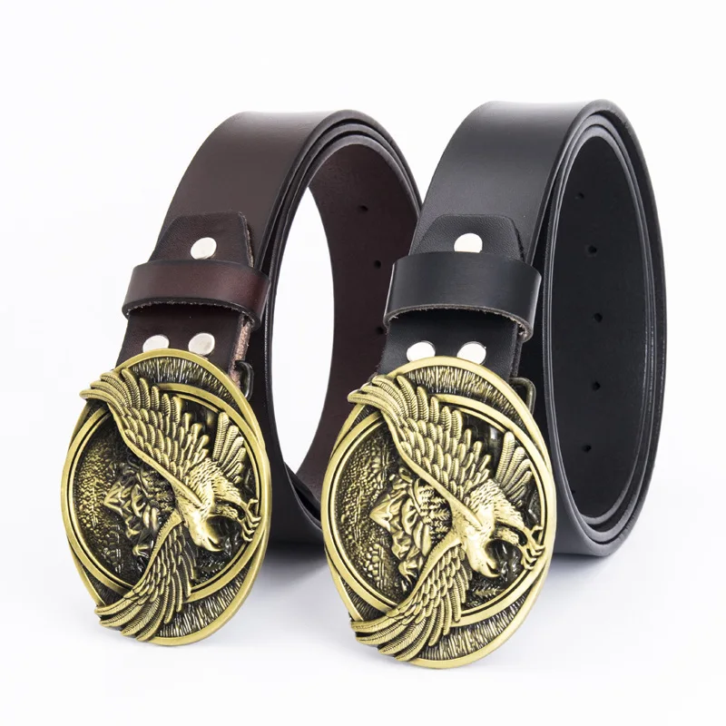 

Western Cowboy Eagle Smooth Buckle Belt Retro Men's Leather Belt Fashion Trendy Youth Club Buckle Belt