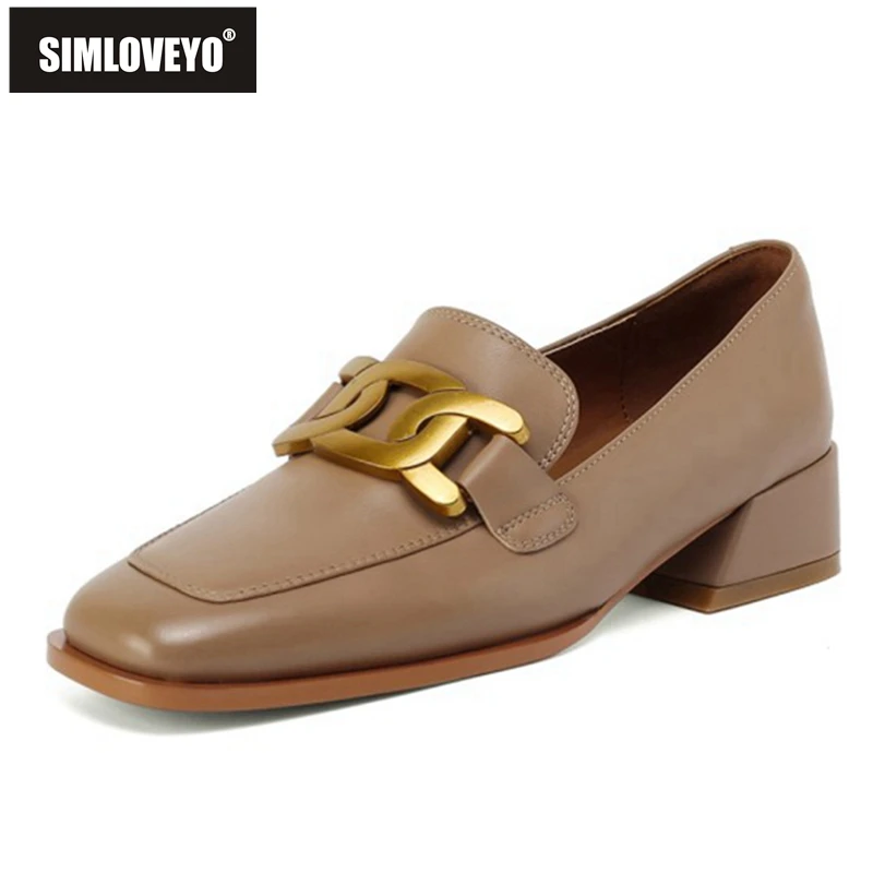 

SIMLOVEYO 2021 Genuine Leather Ladies Pumps Lofers Square Toe Metal Decoration Slip On 4cm Chunky Heel US8 Black Apricot A4329