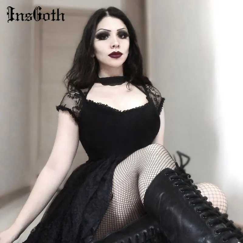 Женская Винтажная Футболка InsGoth футболка с коротким рукавом и кружевной отделкой