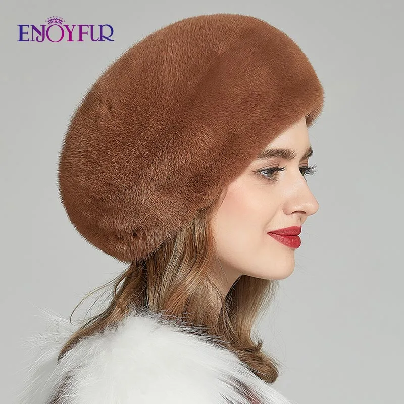 Женская меховая шапка ENJOYFUR, теплая шапочка-берет из цельного куска натурального меха норки с цветком на зиму