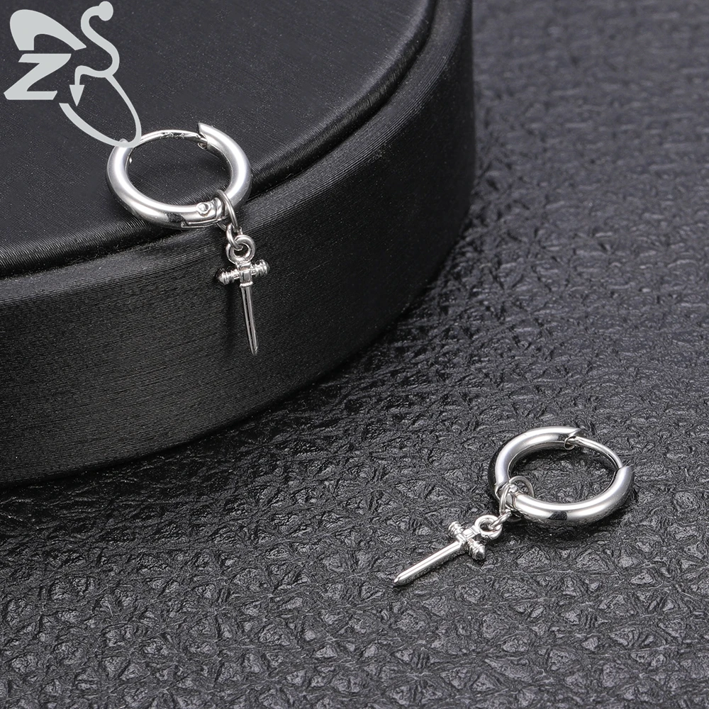 

ZS 1 pair Stainless Steel Punk Rock Roll Dangle Earrings Men's Cross Hoops Earrings Unisex Kpop Ear Piercing Jewelry Accessories