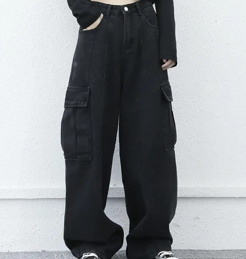 

HOT / Spring Women New Fashion Personalized Custom made Large size Loose large pocket wide-leg cargo trousers/27-36
