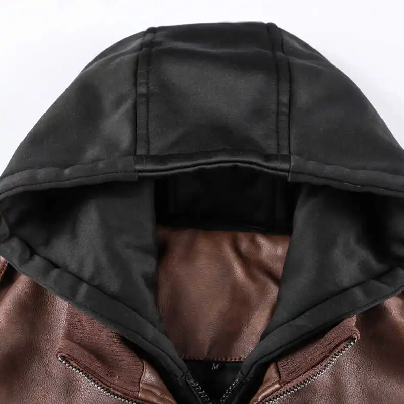 

EU Size Winter Leather Jacket Fashion Thick Hooded Outdoor Moto Biker Leather PU Coat For Men