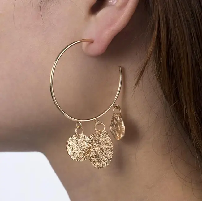 2019 New Fashion Bohemian Gold Silver Color Big Hoop Earrings With Round Sequins Charm Vintage C Shaped Earring | Украшения и