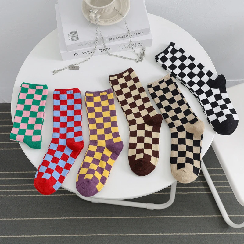 Harajuku Youth Girl Lady Plaid Skating Checkerboard Happy Socks Funny Sokken
