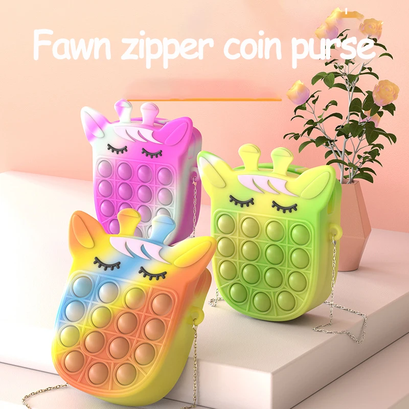 

Childrens Sensory Toy Fawn Backpack Stylish and Cute Kawaii Antistress Kids Coin Purse Pop It Fidget Toys Bag Push Bubble Gift