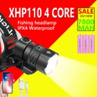 Налобный фонарь XHP110, 7800 мА  ч, 4 ядра светодиодный перезаряжаемый через USB, водонепроницаемый, для кемпинга, рыбалки, 18650, XHP70, V6, T6