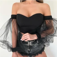 sexy womens shirt with mesh puffy sleeves summer crop top dress for women 2022 new fashion solid color party nightclub wear