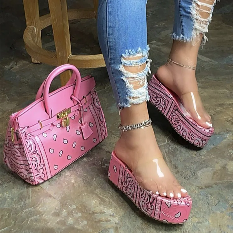 

Lucency Graffiti Platform Sandals Slipper Fashion Outer Wear High Heel Slippers Thick Bottomed Chunky-Heel Women's House Shoes